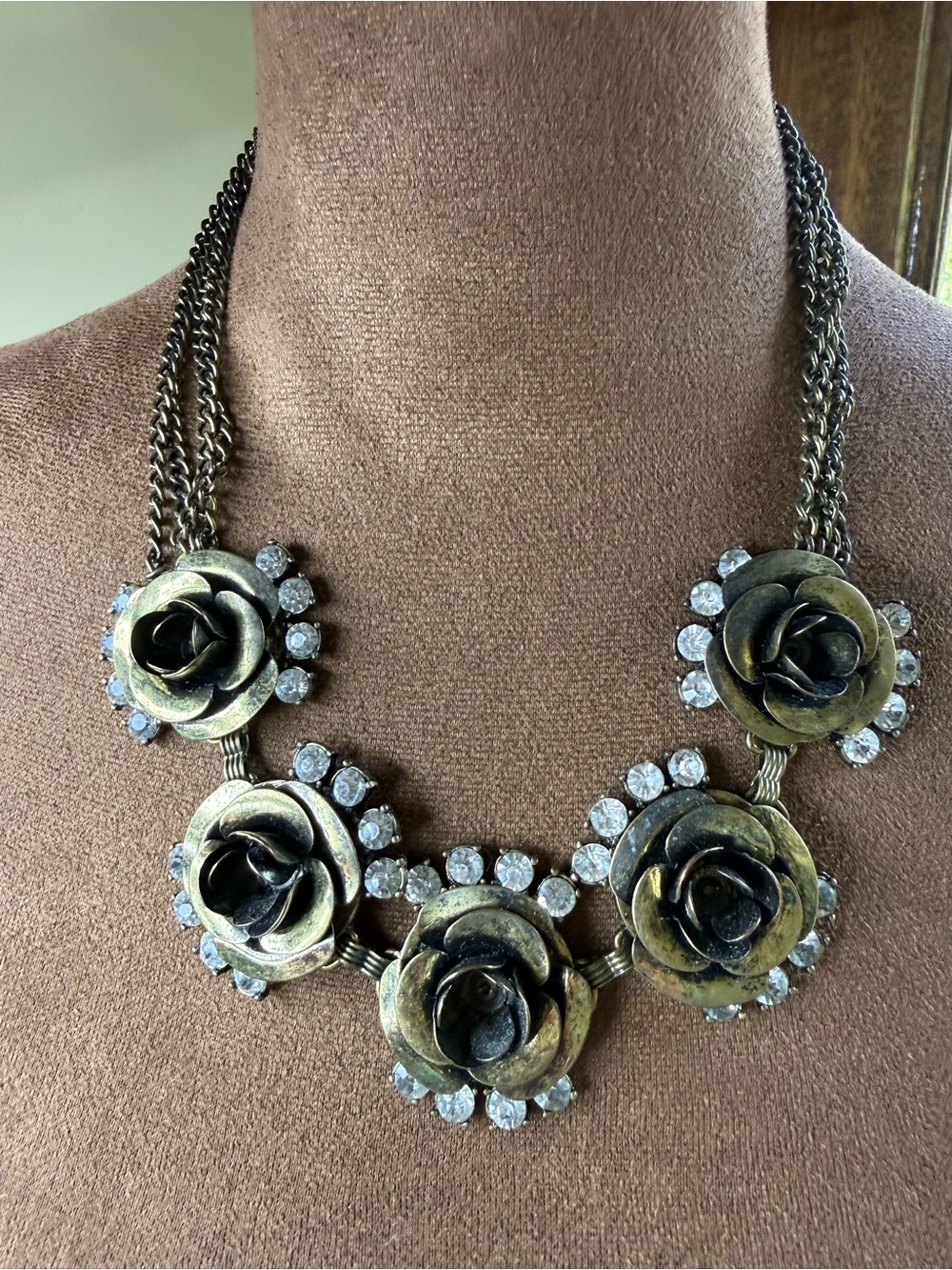 Vintage 3D Antiqued Bronze and Crystals Necklace